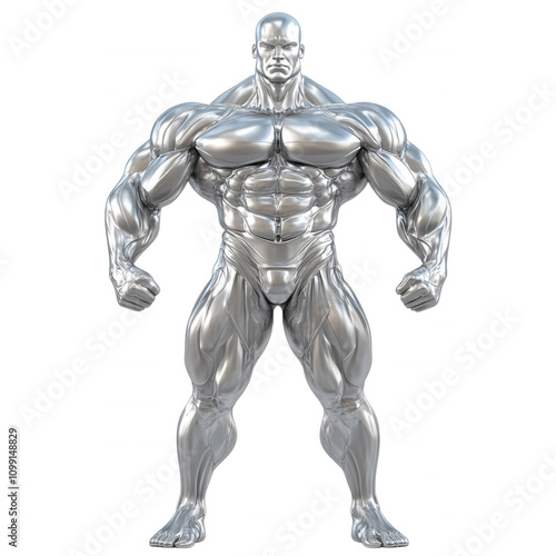 Muscular silver humanoid figure flexing, isolated on transparent or white background