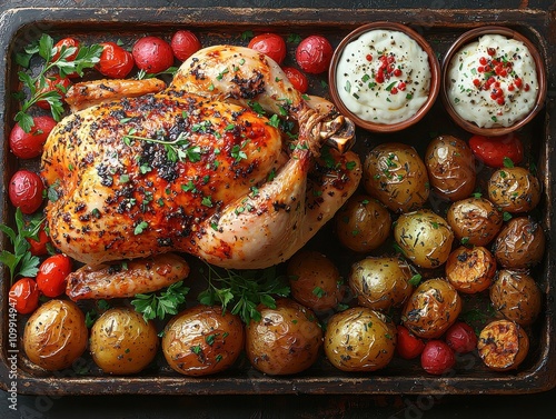 Wallpaper Mural Roasted chicken dinner preparation home kitchen culinary art cozy atmosphere top-down view family meal concept Torontodigital.ca