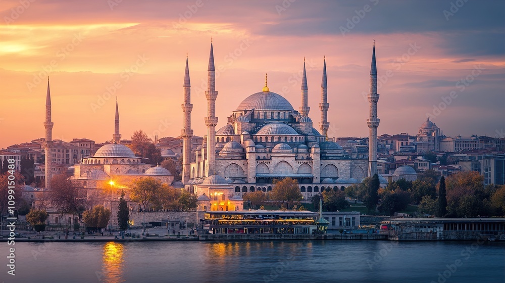 Naklejka premium Majestic Sunset View of the Blue Mosque in Istanbul, Turkey