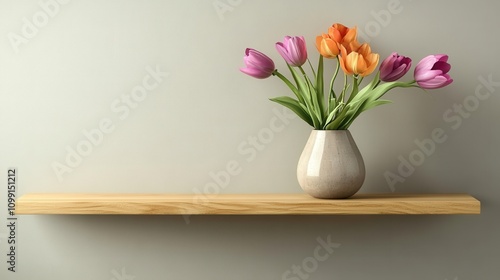 A minimalist shelf displays a vase with colorful tulips against a neutral wall.