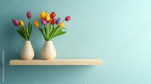 Two vases with colorful tulips on a wooden shelf against a light blue wall.