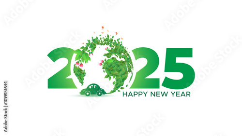 Vector illustration of New year 2025 number with Green world sustainable eco energy and technology concept.