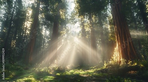 A wide shot of towering sequoias in a misty forest with sunlight breaking through the canopy photo