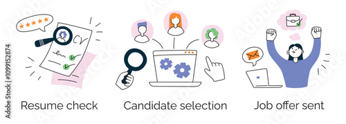 Vector illustration set of hiring process steps, resume check, candidate selection, job offer sent. Flat cartoon doodle style, recruitment, CV, employment scenes, HR professional work process