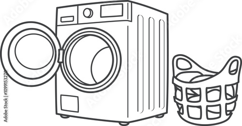 ドラム式洗濯機と洗濯物が入っている洗濯カゴ