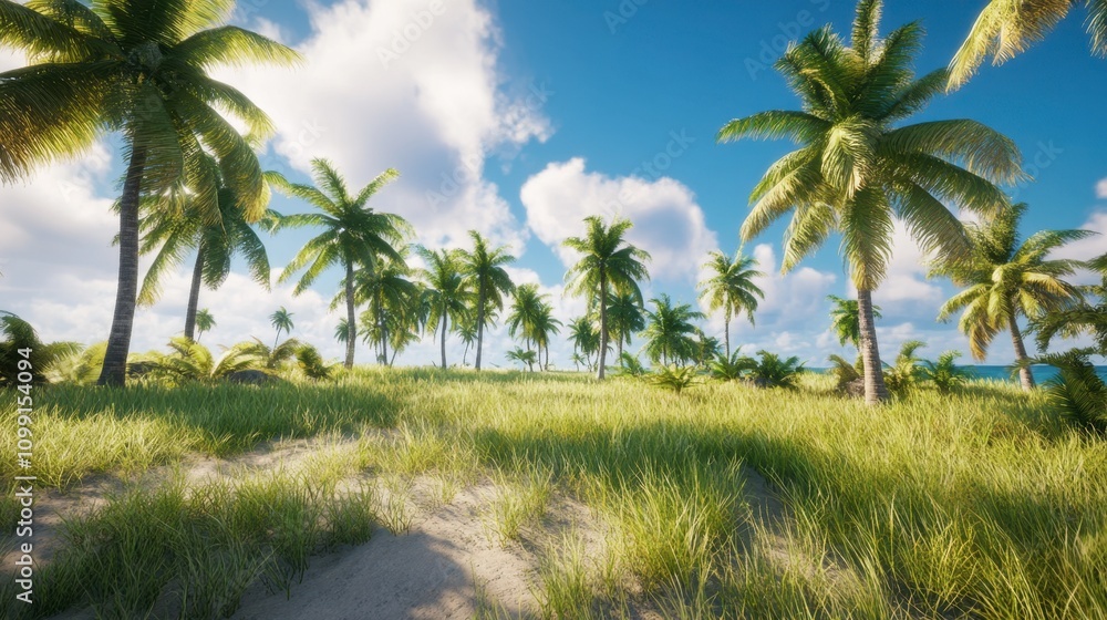 Fototapeta premium Lush Tropical Landscape with Palm Trees and Blue Sky