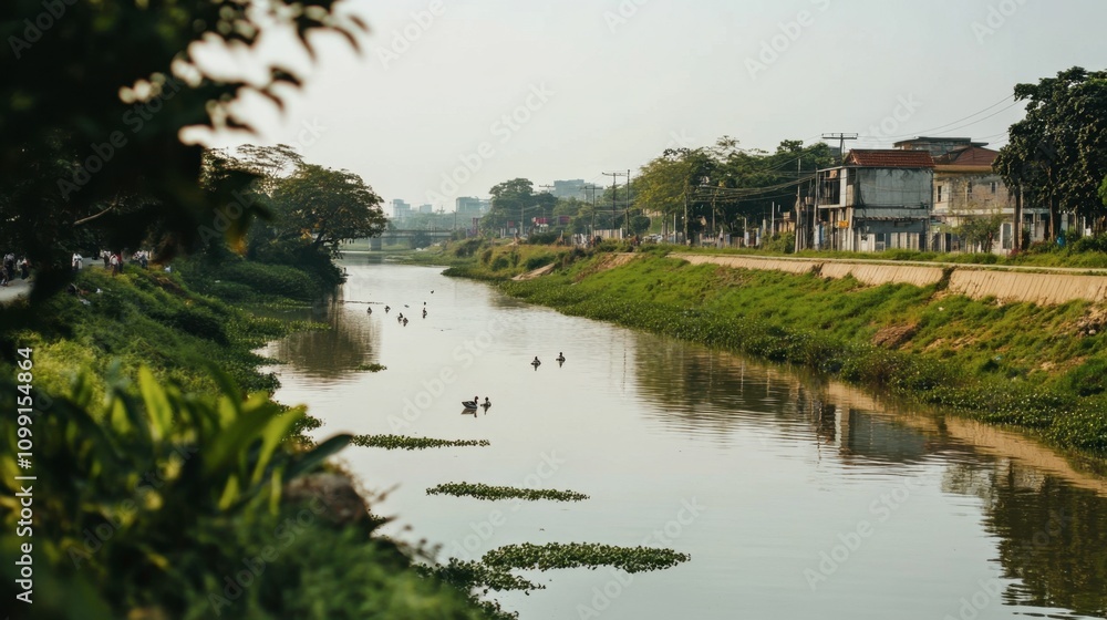 Obraz premium Serene River View with Abundant Greenery and Birds