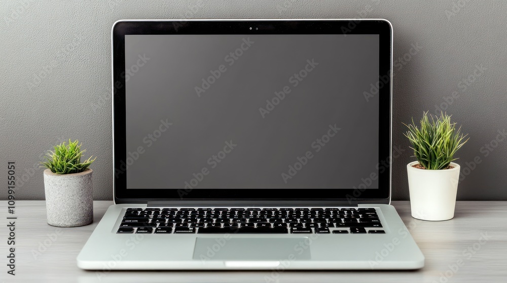 Fototapeta premium A laptop on a desk with two small potted plants beside it.
