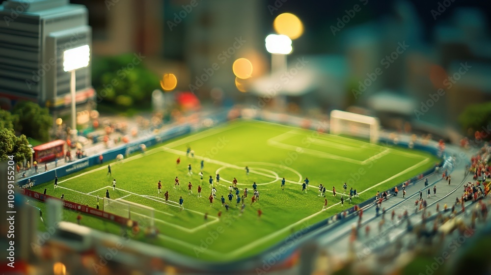 Obraz premium Miniature Soccer Field with Players and Spectators