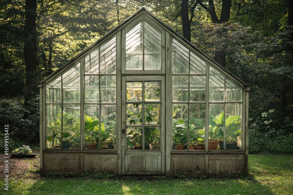 Fototapeta premium A vintage greenhouse surrounded by lush greenery, showcasing various plants inside.