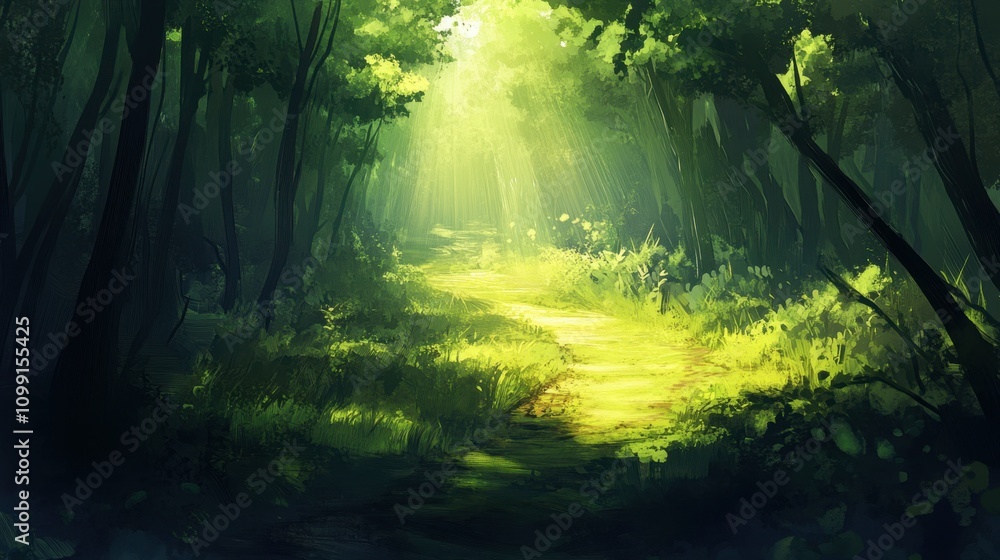 Obraz premium Enchanted Forest with Sunlight and Greenery