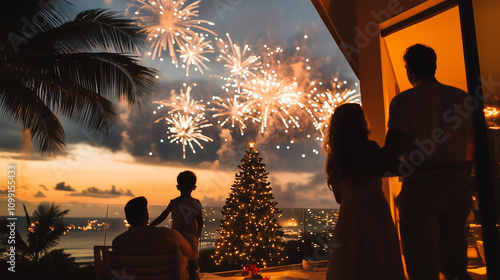 A Brazilian family celebrates Christmas on the terrace of their house, watching fireworks exploding in the tropical sky, Ai generated images photo