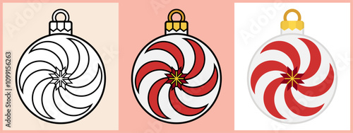 Christmas Ornament Balls with Sweet Windmill Candy, Outline Coloring Flat style. Vector illustration.