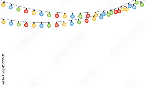 Christmas Lights Isolated on  background. Festive Colorful Christmas Lights String Decoration.  Vector illustration. Graphic for Christmas Cards, Banners, Poster, Web, Social Media. EPS 10