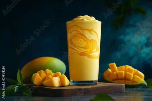 Traditional sweet mango lassi with saffron and almond milk. Healthy concept of food and beverages through refreshing mango smoothies.