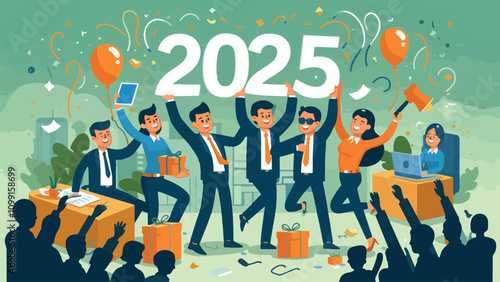 illustration of an office workers happily welcoming New Year's Eve, they uphold the number 2025