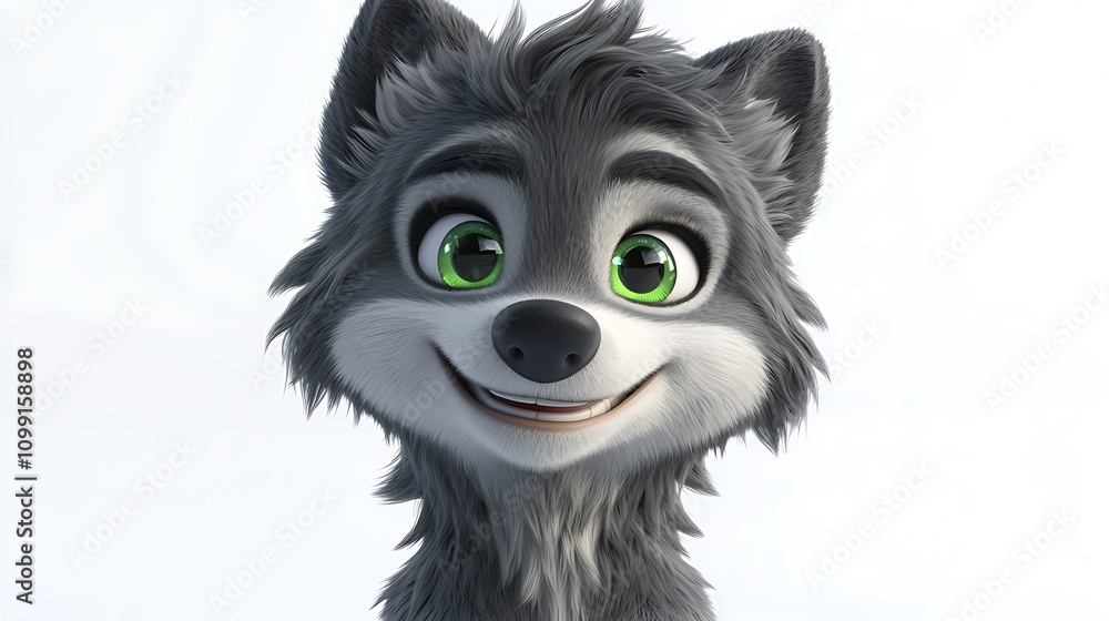 Fototapeta premium Cute Cartoon Wolf Happy Gray Furry Animal Face