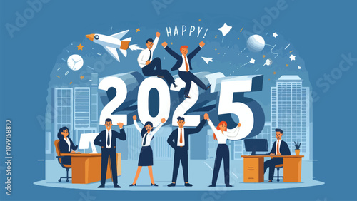 illustration of an office workers happily welcoming New Year's Eve, they uphold the number 2025
