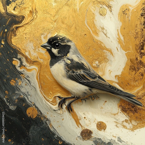 A small bird with black and grey plumage perched on a golden abstract background. photo