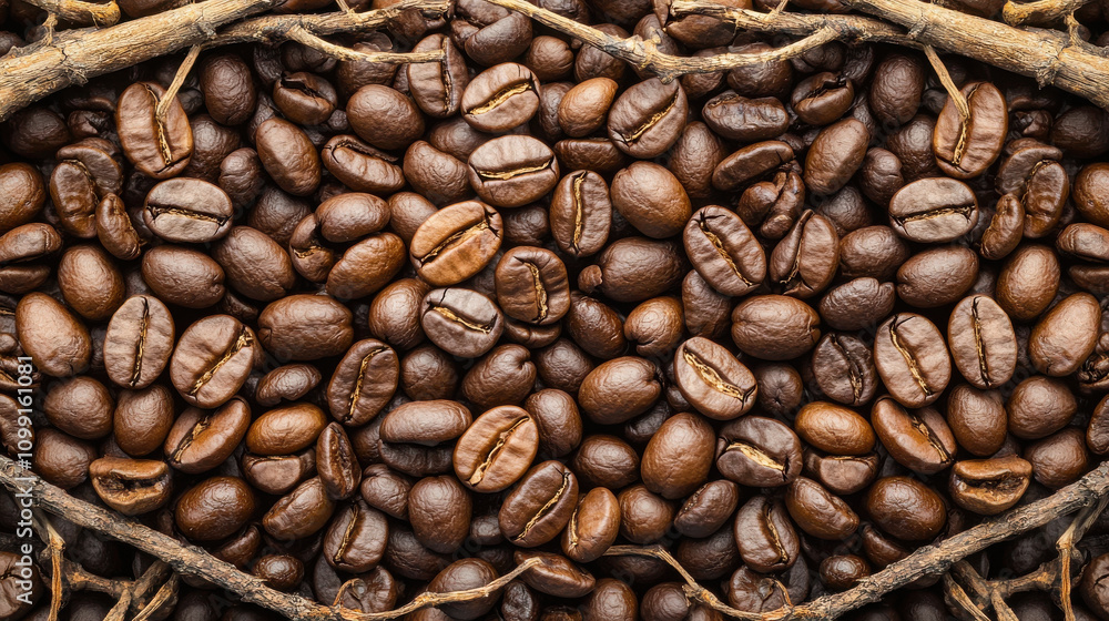 Fototapeta premium Rich coffee beans surrounded by natural roots create warm, earthy composition. This close up showcases texture and color of beans, perfect for coffee lovers