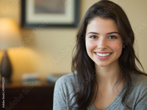 young woman with long dark hair smiles warmly, showcasing her friendly demeanor in cozy indoor setting. soft lighting enhances inviting atmosphere Free Download young woman with long dark hair smiles warmly, showcasing her friendly demeanor in cozy indoor setting. soft lighting enhances inviting atmosphere - GFXLoad