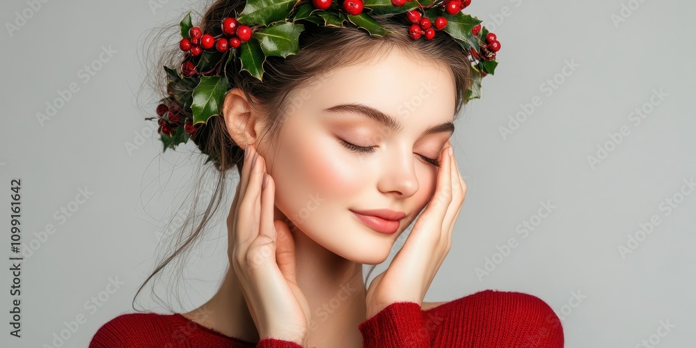 Naklejka premium Woman with Holly Wreath.
