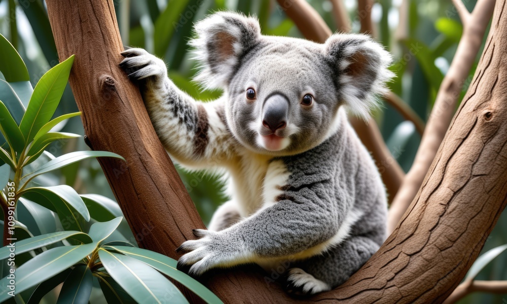 Fototapeta premium Adorable koala climbing in lush greenery surrounded by eucalyptus leaves