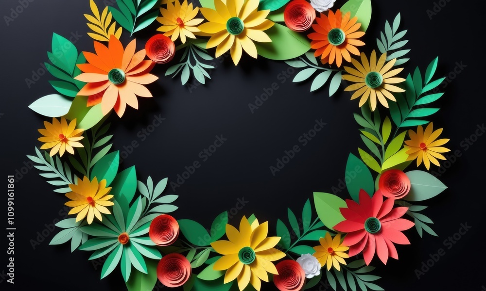 Fototapeta premium Colorful paper flower wreath with leaves on dark background