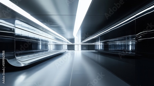A sleek, futuristic corridor with bright lighting and reflective surfaces.