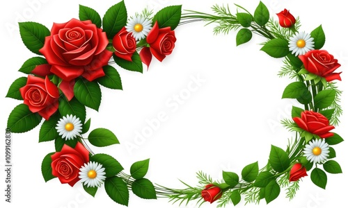 Elegant floral frame with red roses and daisies for creative designs