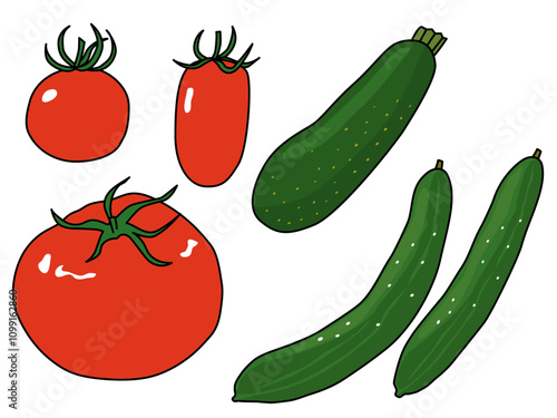 トマトとズッキーニときゅうりの夏野菜イラストセット　主線あり