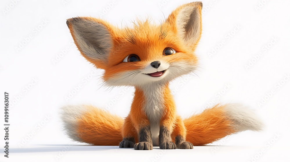 Fototapeta premium Cute Cartoon Fox Fluffy Tail D Render White Background