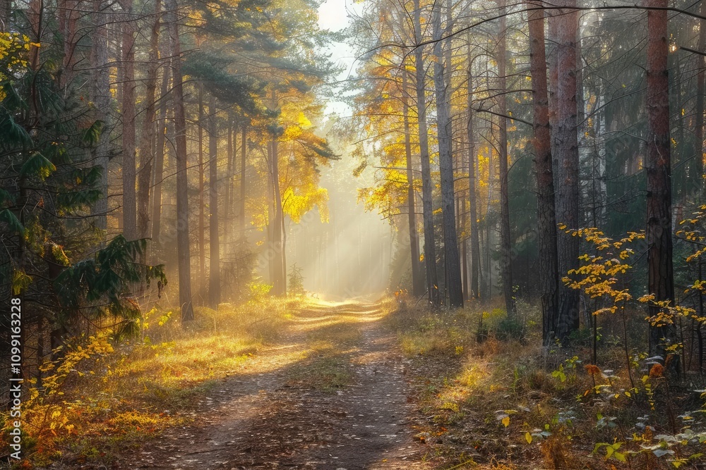 Obraz premium Sunlit autumn forest path. Perfect for fall themes, nature, and tranquility; evokes peace and serenity.