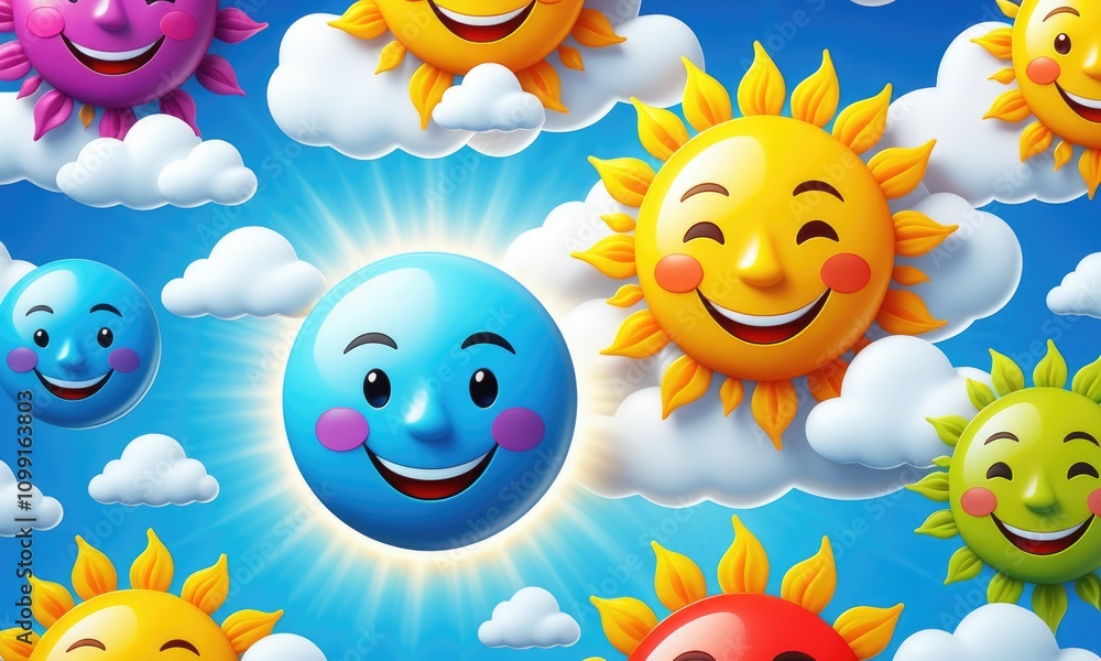 Naklejka premium Colorful smiling suns and clouds in a blue sky cartoon pattern