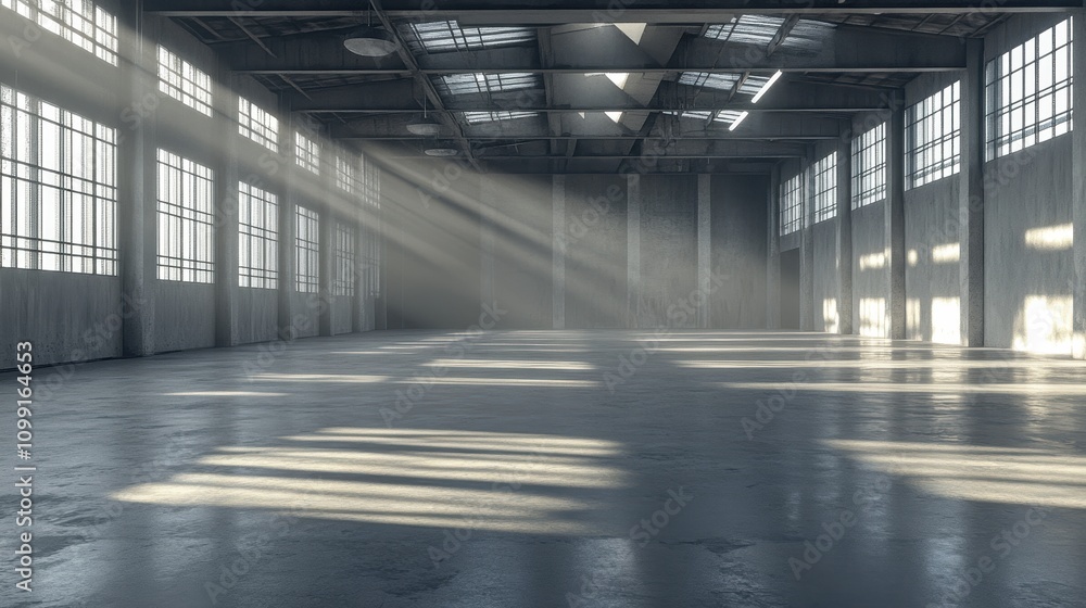 Obraz premium A spacious industrial interior with natural light filtering through large windows.