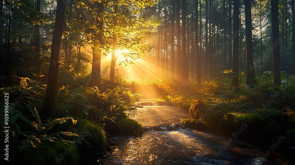 Fototapeta premium Sunlit Forest River: A Magical Landscape Photography