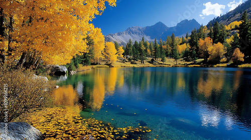 A serene lake framed by autumn trees, their reflections creating an idyllic and picturesque background. 