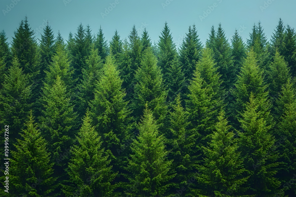 Fototapeta premium A breathtaking upward view from the forest floor, capturing the towering height of dense, tall trees