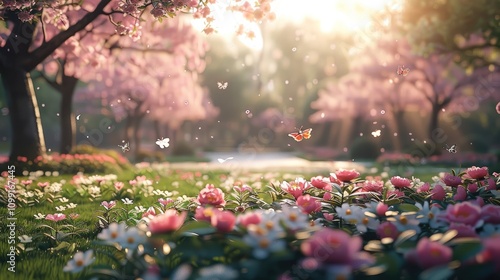 A vibrant spring garden within a city park, featuring blooming pink and white flowers under a clear morning sky. Butterflies flutter among the blossoms, and soft sunlight filters through.