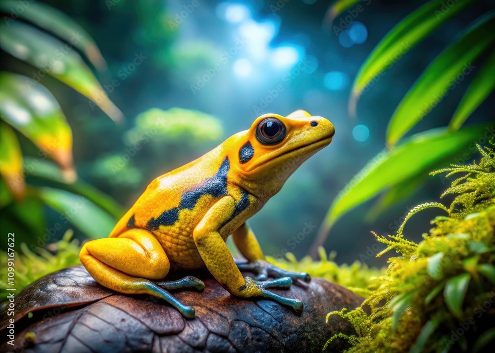 Fototapeta premium Close-Up Double Exposure of Yellow Poison Frog, Dart Frog Phyllobates Terribilis in Lush Tropical Rainforest for Nature Photography and Conservation Awareness