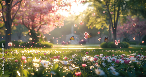 A vibrant spring garden within a city park, featuring blooming pink and white flowers under a clear morning sky. Butterflies flutter among the blossoms, and soft sunlight filters through.