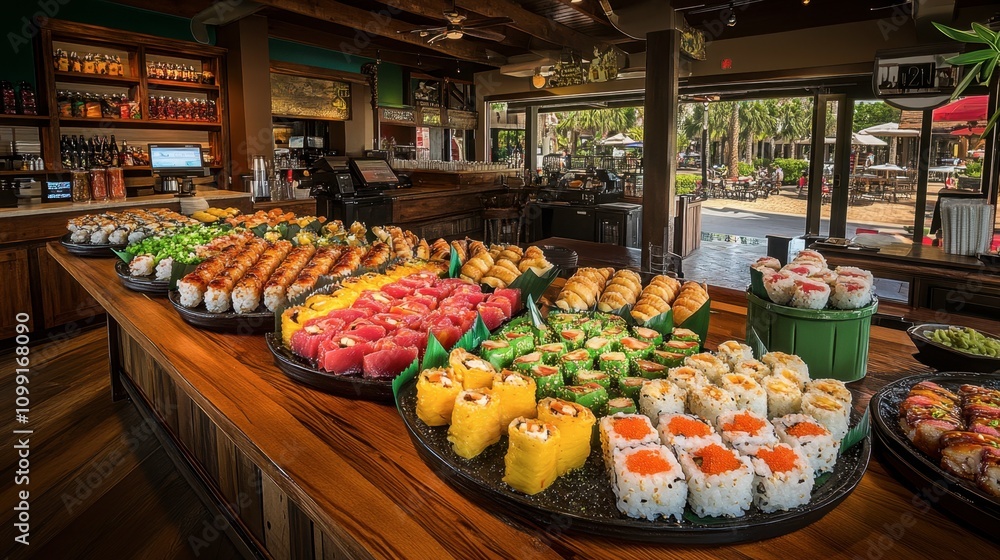 Obraz premium Vibrant Sushi Display in a Tropical Restaurant