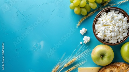 Flat lay composition for a Shavuot greeting card with cottage cheese, grapes, bread, apple, wheat, and cheese on a vibrant blue background.