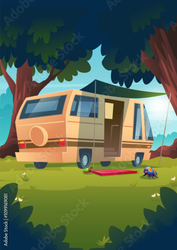 Camping van in summer forest. Vector cartoon illustration of travel vehicle, tent and mat, cute bugs on green grass with flowers, vacation campsite with tourism trailer in spring wood, outdoor picnic