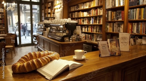 Wallpaper Mural Cozy Cafe Scene with Books and Fresh Croissant Torontodigital.ca