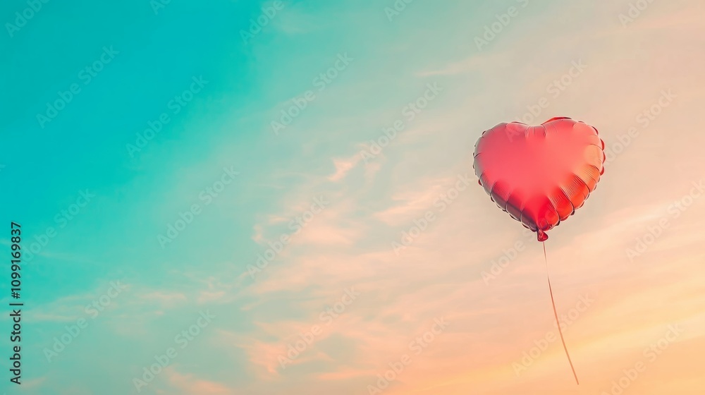 Fototapeta premium Red heart-shaped balloon floats in a pastel sky.