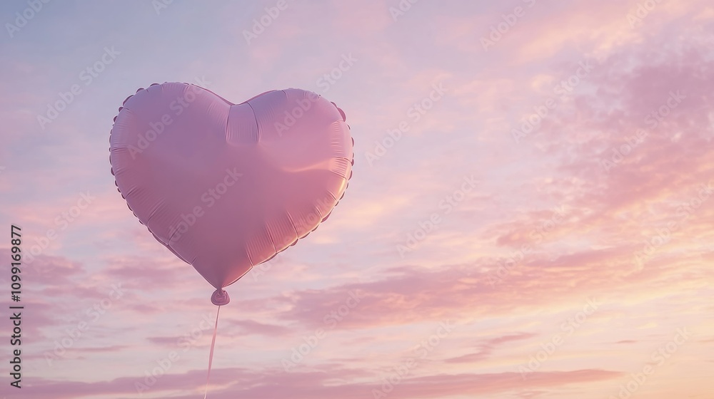 Obraz premium Pink heart-shaped balloon floats gently against a pastel sunset sky. Romantic and dreamy.