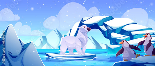 Cartoon polar bear stands on floating ice alongside playful penguins on snowy arctic environment. Ice glaciers rise under snowfall and bright sky with soft clouds. Ocean water reflect frozen landscape