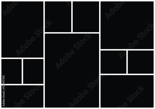 12 Photo collage vector template. Empty black collage for mood board  and presentation. grid mosaic pattern for picture display.