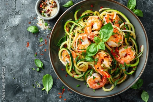 Delicious shrimp and zucchini noodles. Perfect for healthy recipe blogs or food websites. photo